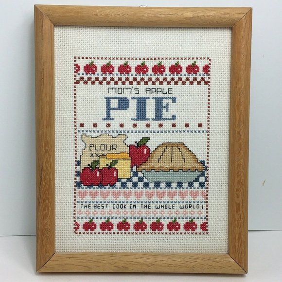 Cross Stitch Finished Framed Vintage Mom's Apple Pie Best Cook In World Vintage - Picture 8 of 12